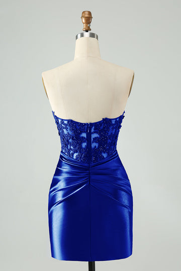 Sparkly Royal Blue Bodycon Strapless Hollow Out Cocktail Dress with Lace